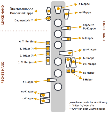 Klappenbezeichnungen der deutschen Klarinette, vereinfachte schematische Darstellung