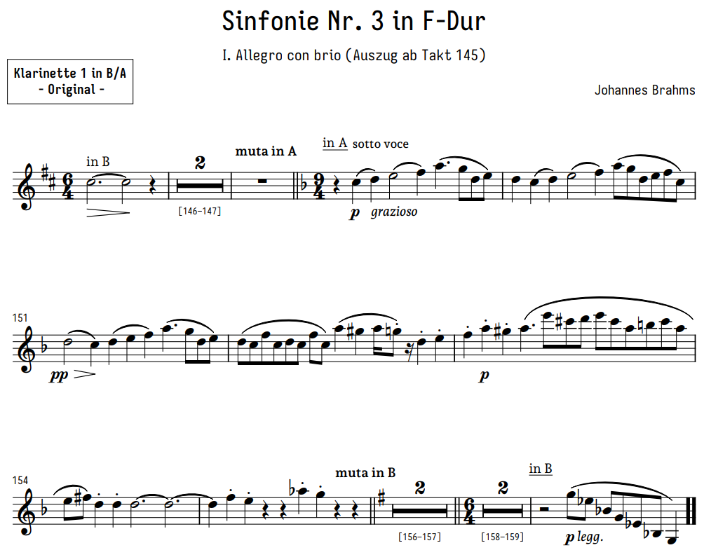 Brahms' 3. Sinfonie · 1. Satz Klarinette 1 in A/B (Ausschnitt)