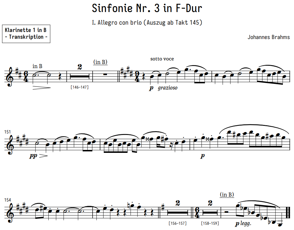 Brahms' 3. Sinfonie · 1. Satz · Klarinette 1 in B (Ausschnitt)