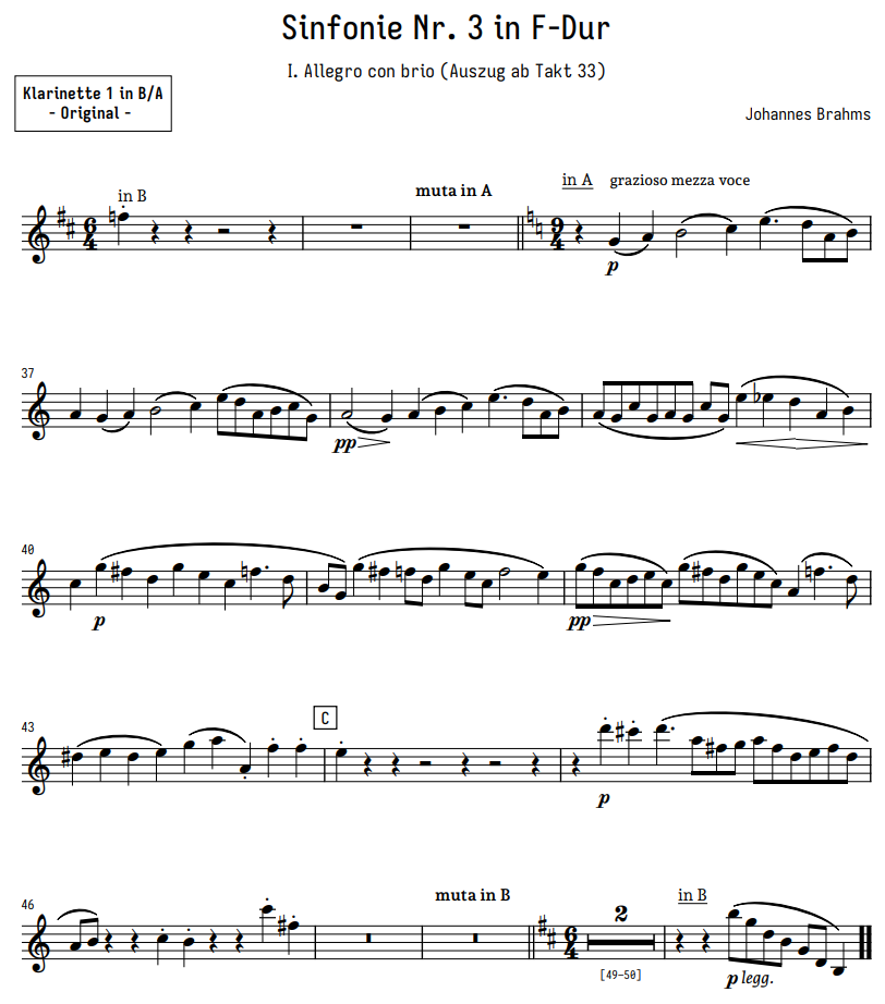 Brahms' 3. Sinfonie · 1. Satz Klarinette 1 in A/B (Ausschnitt)