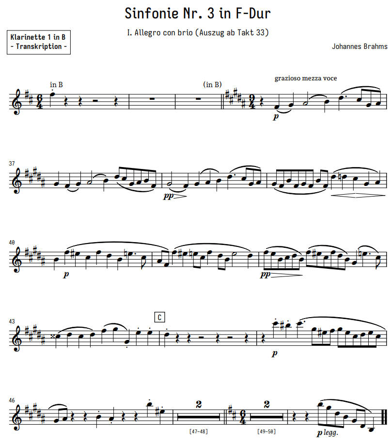Brahms' 3. Sinfonie · 1. Satz · Klarinette 1 in B (Ausschnitt)
