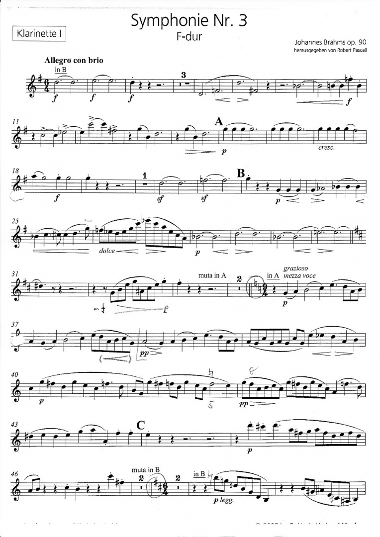 Johannes Brahms' 3 Sinfonie, 1. Satz, Klarinette 1 A/B Blatt 1