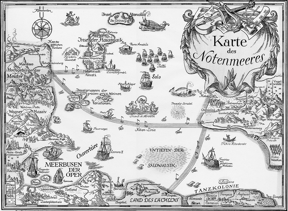 Die »Karte des Notenmeeres« von Wolfgang Felten (1914-1963) aus dem Bärenreiter-Verlag (Original vierfarbig). Teilreproduktion.
